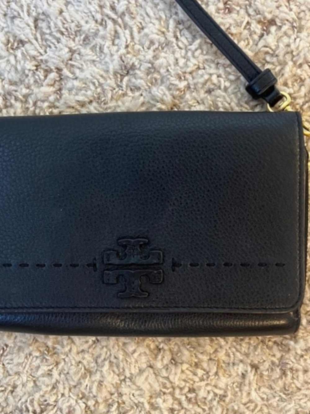 Tory Burch Black Pebbled Leather Crossbody Wallet with Logo